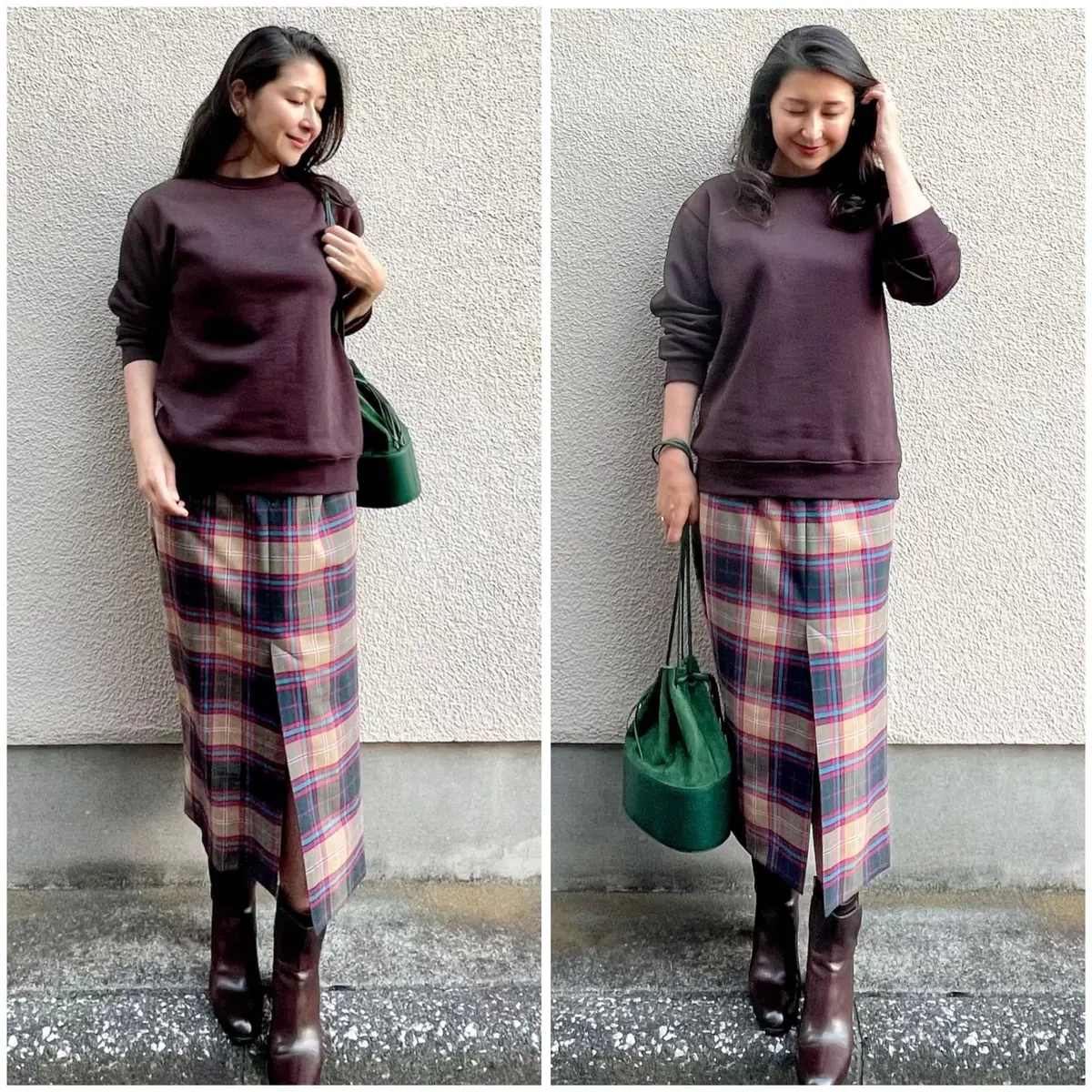 ブラウンのスウェットシャツ、チェック柄タイトスカート、ブラウンのブーツ、グリーンのバッグ