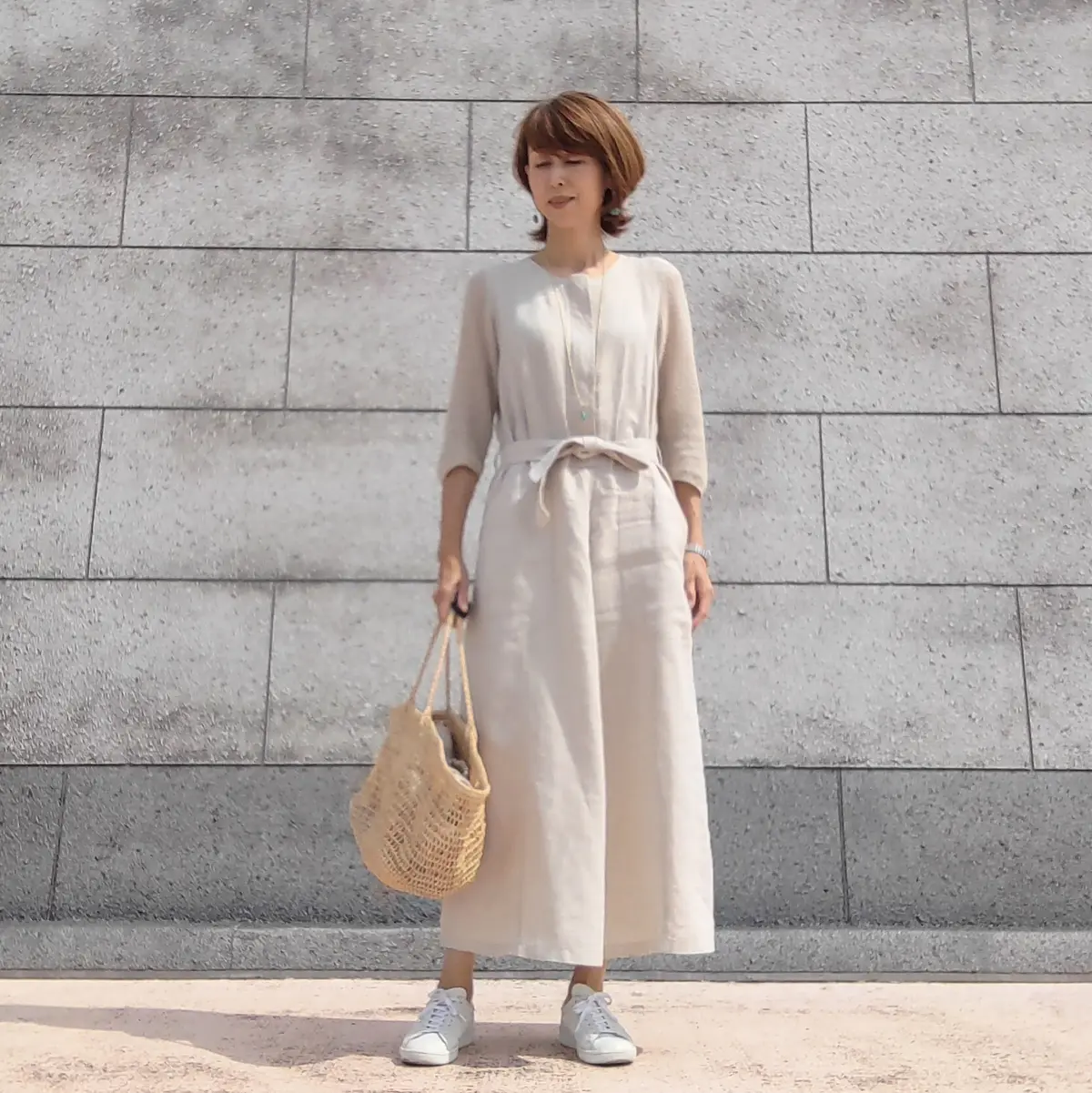 ワンピース　カジュアル　カットソ－地　綿　麻　コットン　リネン