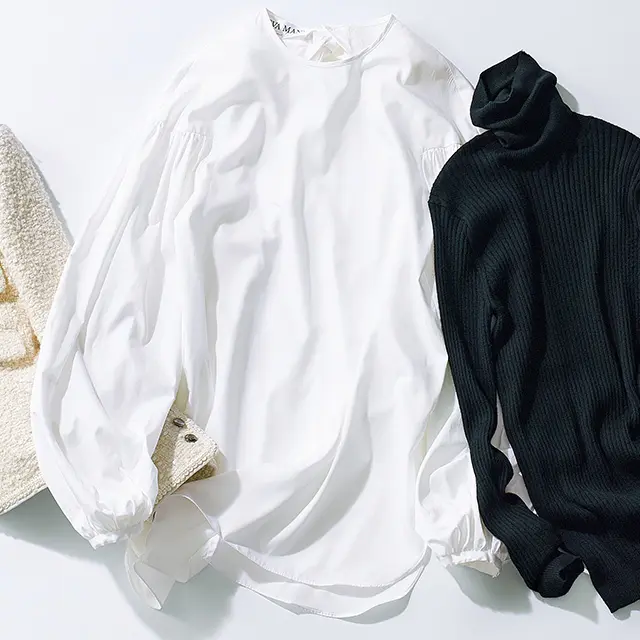 くくりでいうな らばブラウスになるのですが、今回は＂フェミニンシャツ＂ と名づけてみました。リアル に取り入れられるものとして選んだのは、ディテールは甘く、ベースにシャツらしさをた たえた一枚」