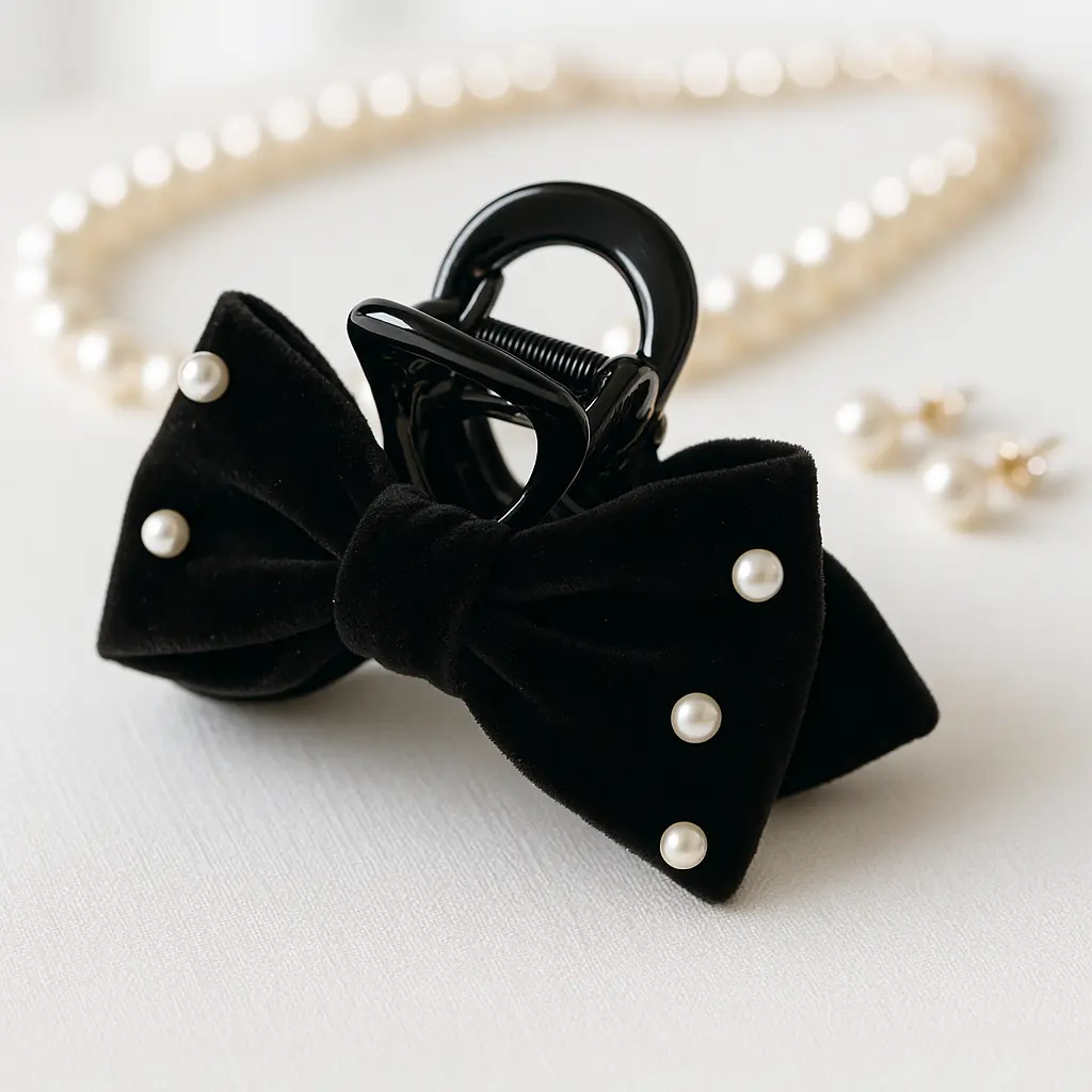 3COINSの黒ベロア×パールのバンスクリップ。上品で大人向けデザイン