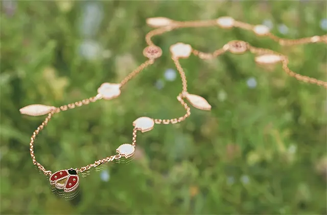 「ラッキースプリング」ロングネックレス（RG×カーネリアン×オニキス×MOP）￥1,927,200／ヴァン クリーフ＆アーペル ル デスク（ヴァン クリーフ＆アーペル）