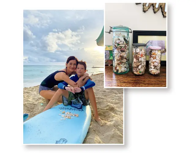 週末のサーフィンと集めた貝殻