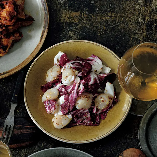 ホタテとトレビスの塩麴マスタードあえ