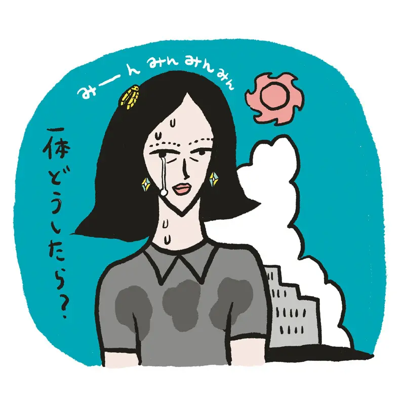夏のホットフラッシュで大量に汗をかいているアラフィー女性のイラスト