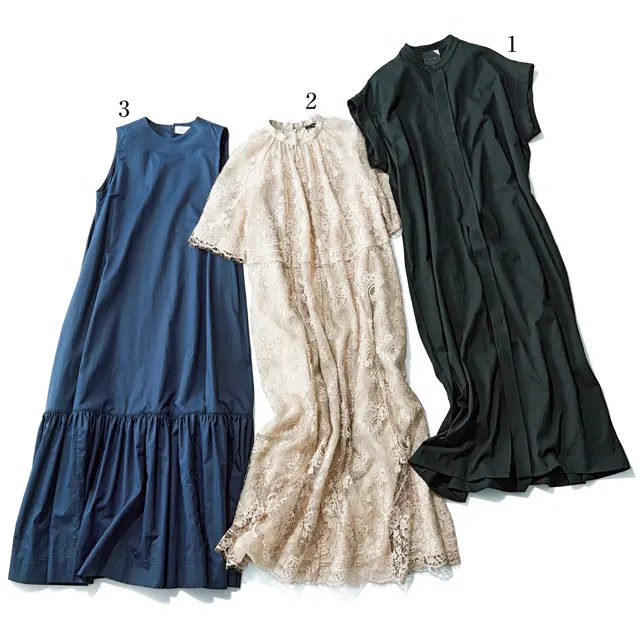 1.ワンピース￥49,000／エイトン青山（エイトン）　　2.ワンピース（インナードレスつき）￥160,000／ebure GINZA SIX店（ebure）　3.J&M DAVIDSON（J＆M デヴィッドソン）ワンピース￥87,000／J＆M デヴィッドソン 青山店（J＆M デヴィッドソン）