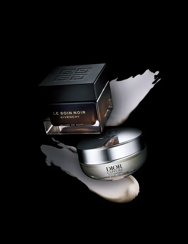 （上）パルファム ジバンシイ〔LVMHフレグランスブランズ〕 ソワン ノワール バーム ニュイ（下）パルファン・クリスチャン・ディオール ディオール カプチュール クレーム