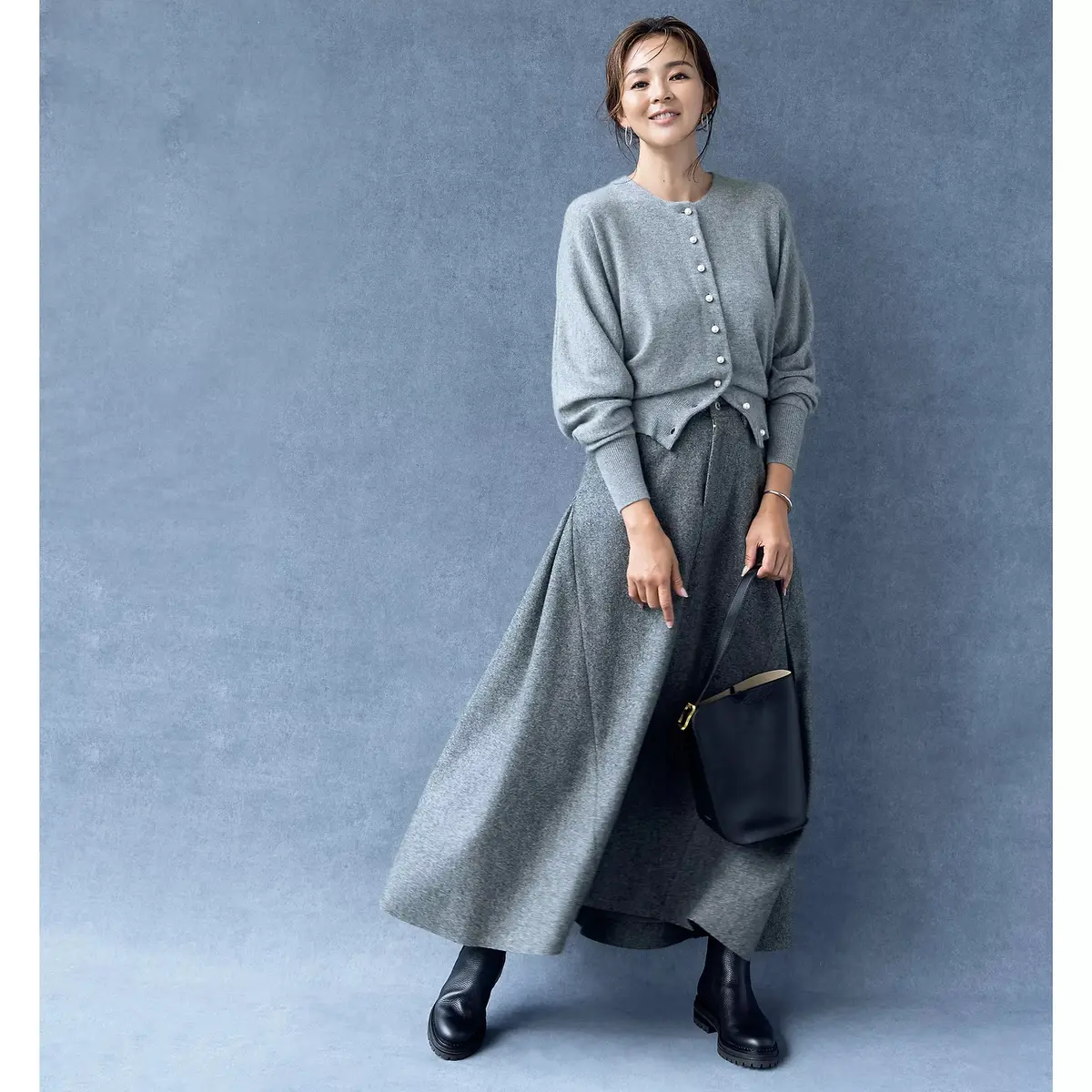 MADISONBLUE カシミヤ100%パールボタンカーディガン、メルトンロングスカート