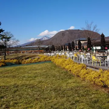 快晴！広大な敷地の中、たくさんのお店が♪背景の青空と山を見ると
たくさん歩いても気分爽快です！