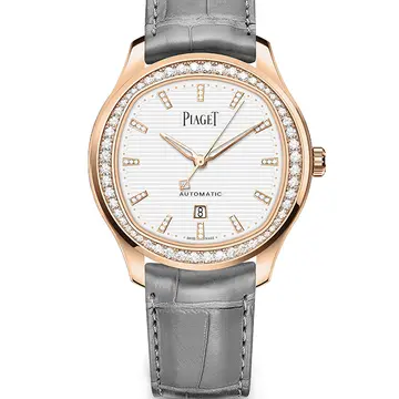 「ピアジェ ポロ デイト」（36mm径、ピンクゴールド×ダイヤモンド[計約1.05ct]、自動巻き、パワーリザーブ40時間、サファイアケースバック、グレーアリゲーターストラップ）￥4,448,000