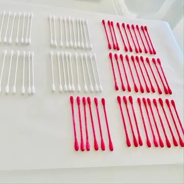 絵の具で綿棒の半分をピンクに色付け♡ 白綿棒３６本　ピンク３６本で作ります！