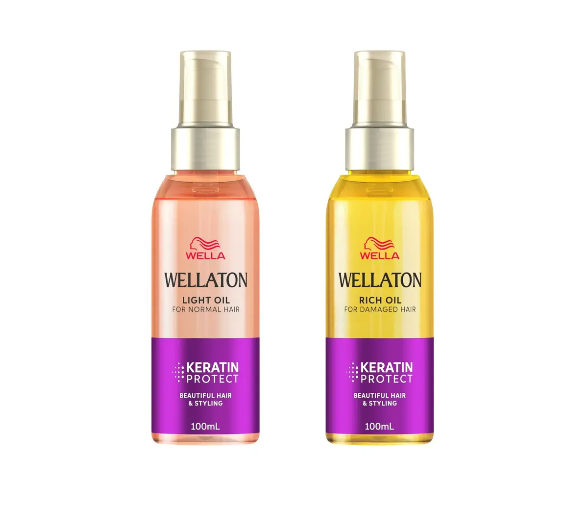 ウェラ（WELLA）のウエラトーンオイル2本セット。左はピンク色の「ライトオイル」、右は黄色の「リッチオイル」