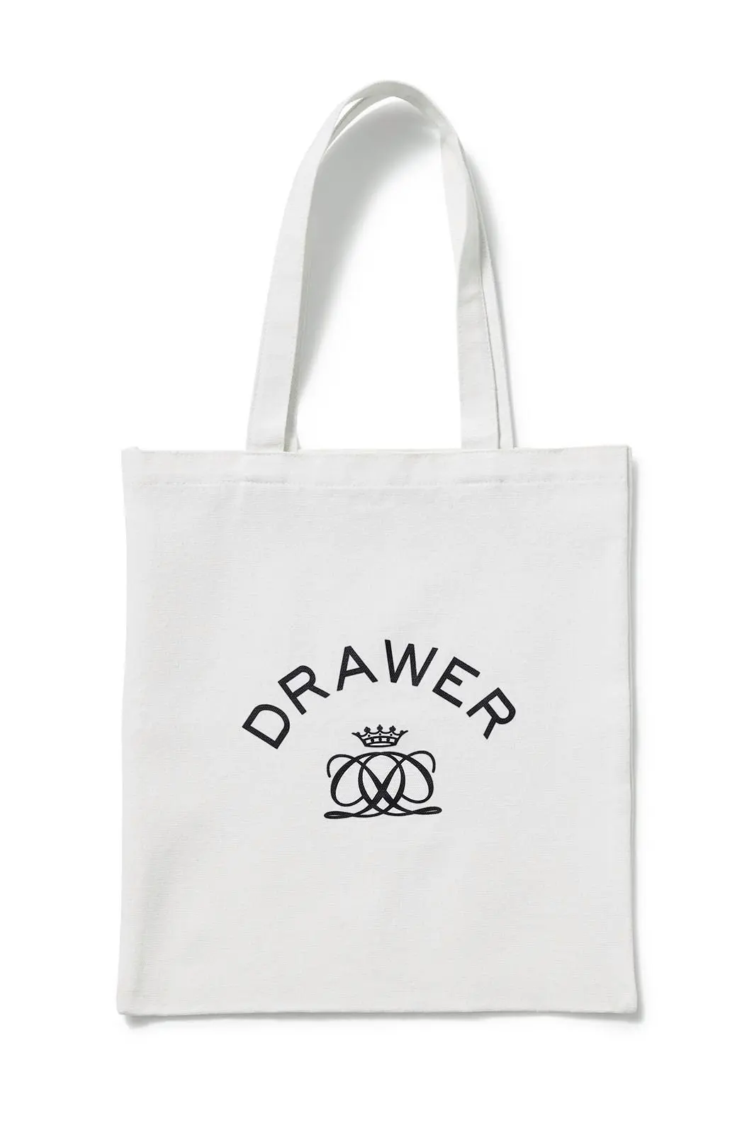 エクラ2026年12月号付録。白地のキャンバストートバッグ。中央に黒色の「DRAWER」の文字が弧を描くように配置され、その下にブランドロゴがデザインされている。