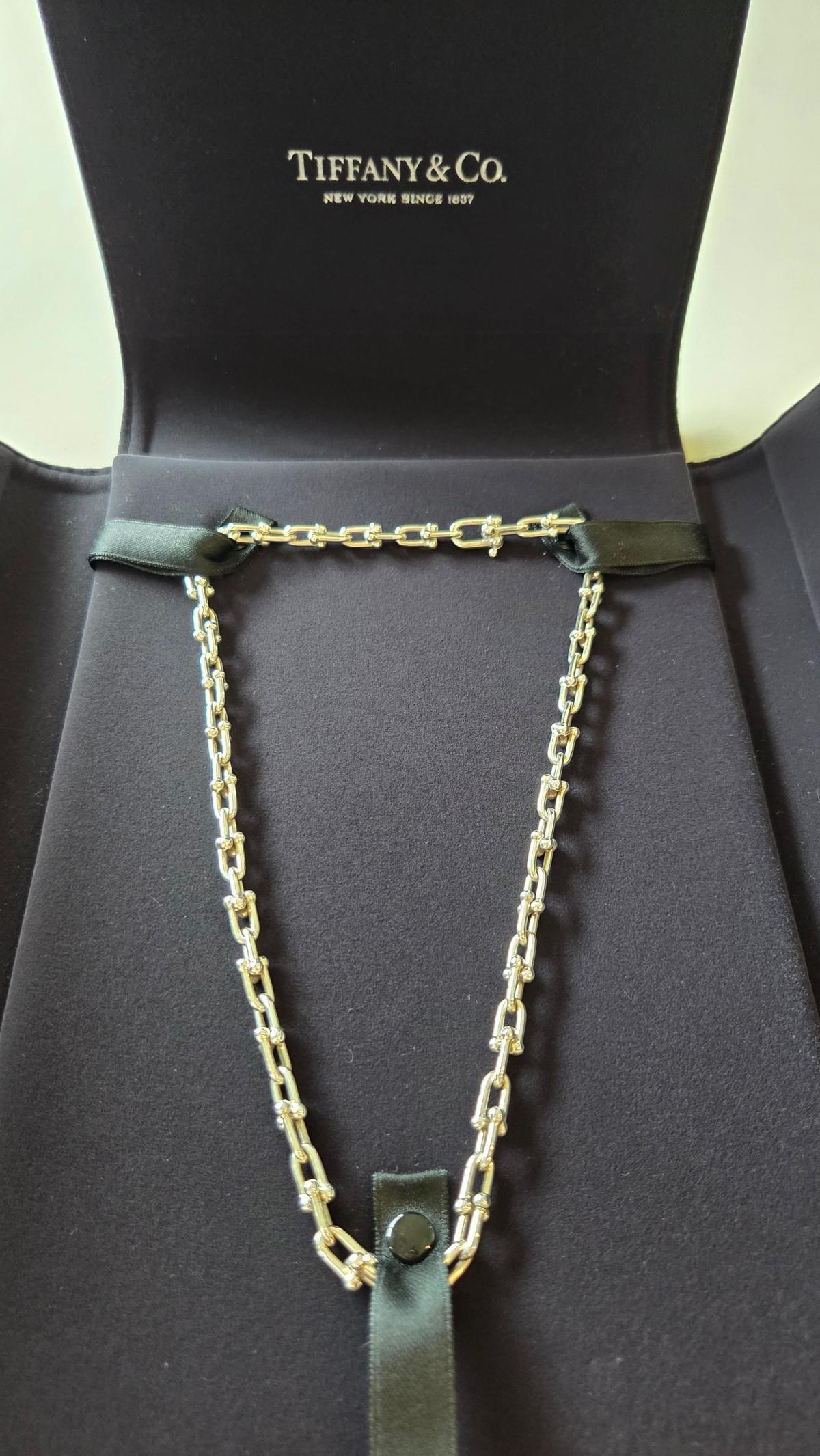 黒のTiffany & Co.の箱の上に置かれた、ゴールドのチェーンネックレス。中央に装飾的なバーが付いており、ネックレスは箱の溝に置かれている。