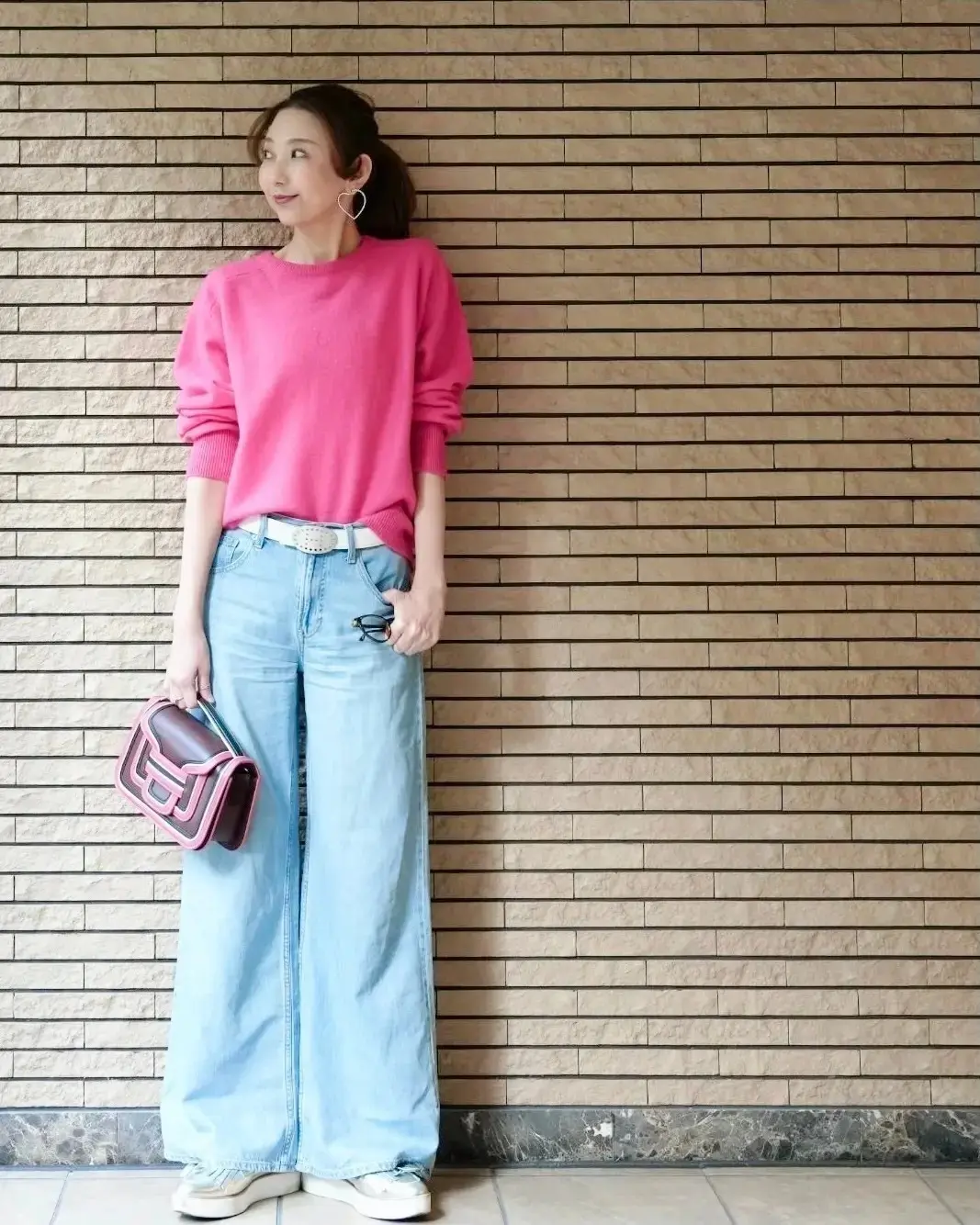 ニット　デニム　ピンク
