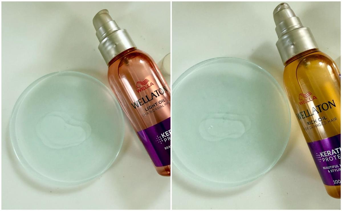 左：ウェラトンのライトオイル（通常ヘア用）のボトルが、透明な小皿の上に置かれている。右：ウェラトンのリッチオイル（ダメージヘア用）のボトルが、同様に透明な小皿の上に置かれている。