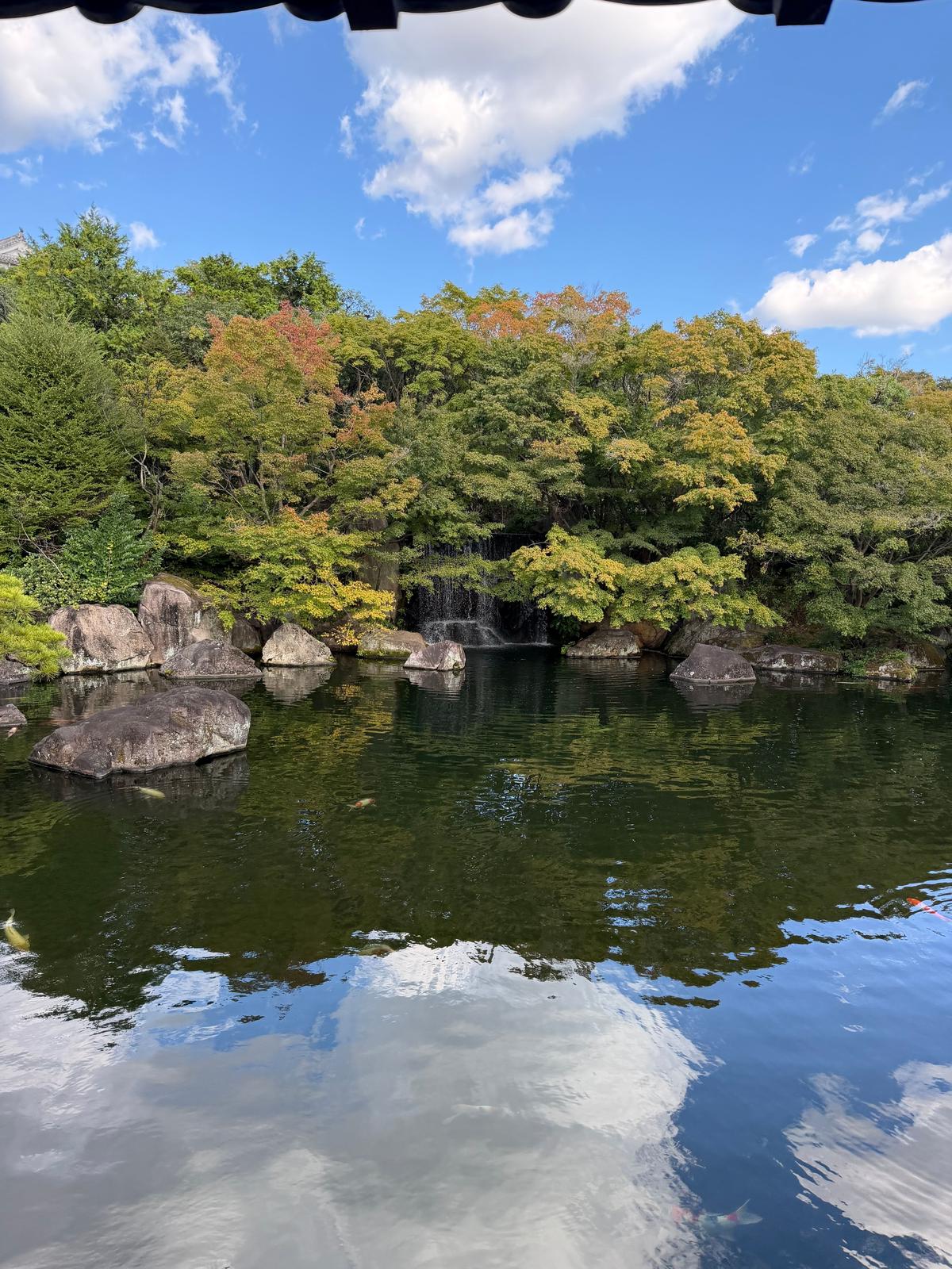 緑豊かな木々の向こうに小さな滝が流れ落ちる池。水面には白い雲が映り込み、岩が点在する静かな情景。青空に白い雲が浮かぶ。