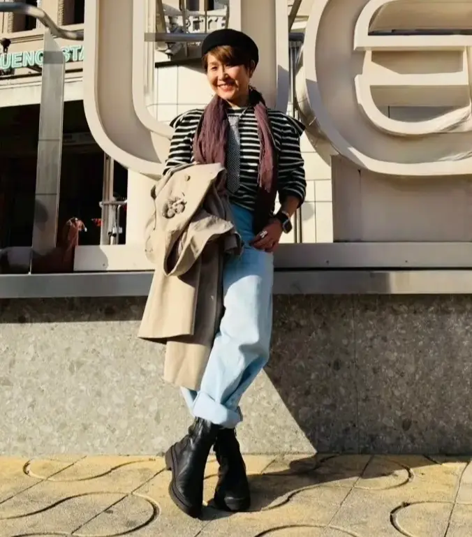 ユニクロ デニムパンツ トレンチコート ボーダー　春ファッション