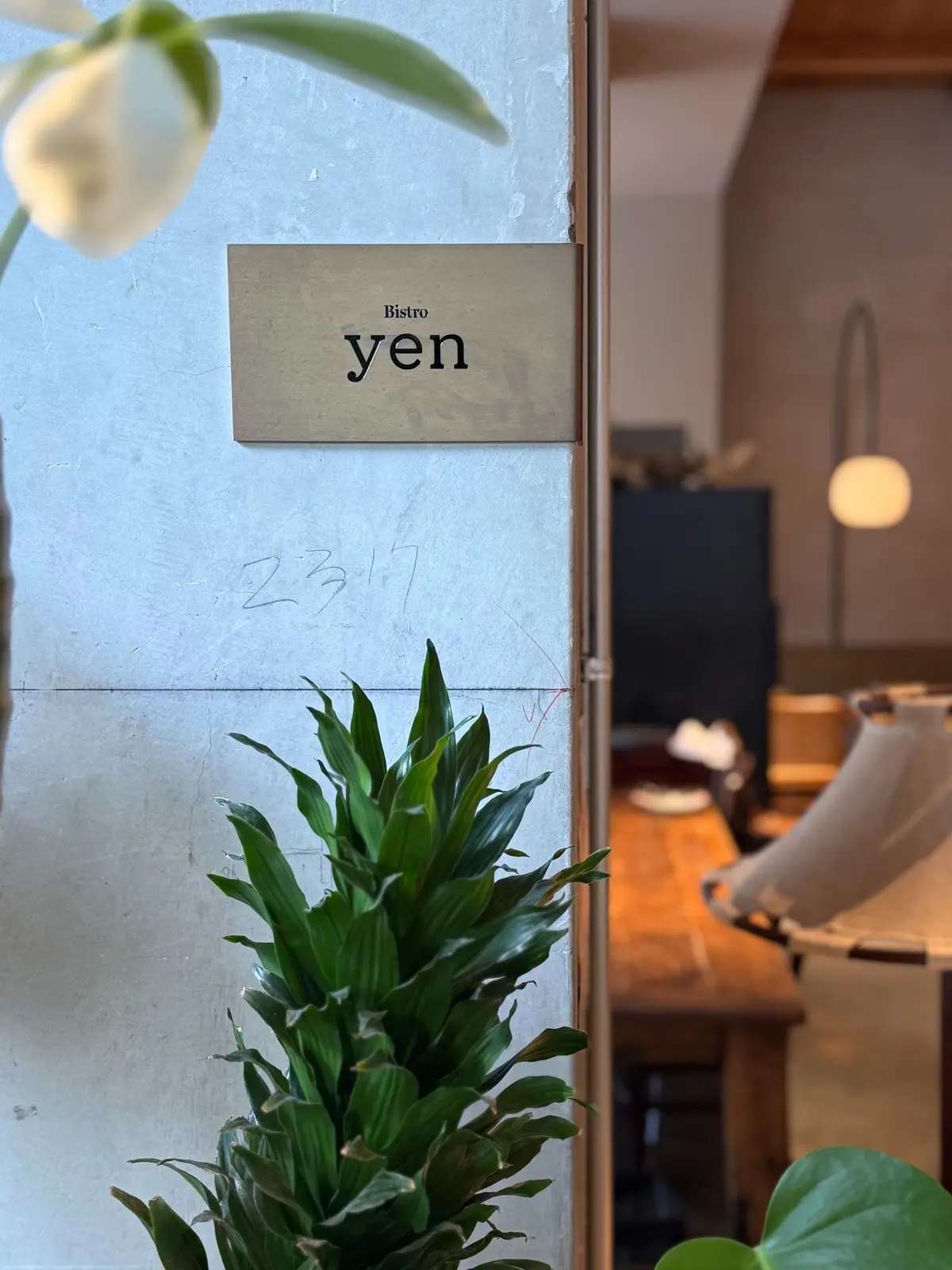 「Bistro yen」と書かれた真鍮色の看板が、白い壁に設置されている。看板の下には緑の植物が茂り、右側には木製のカウンターと椅子が見える。
