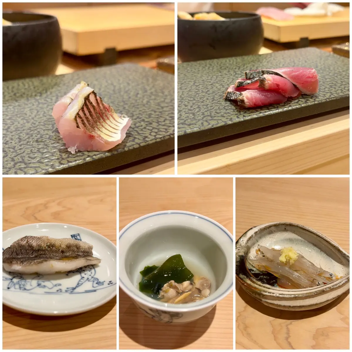 寿司と小鉢が並ぶ料理写真。左上は表面に焼き目が付いた刺身、右上は薄く切られた刺身、左下は焼き魚、中央下は海苔と貝類の小鉢、右下は海老と味噌の小鉢。