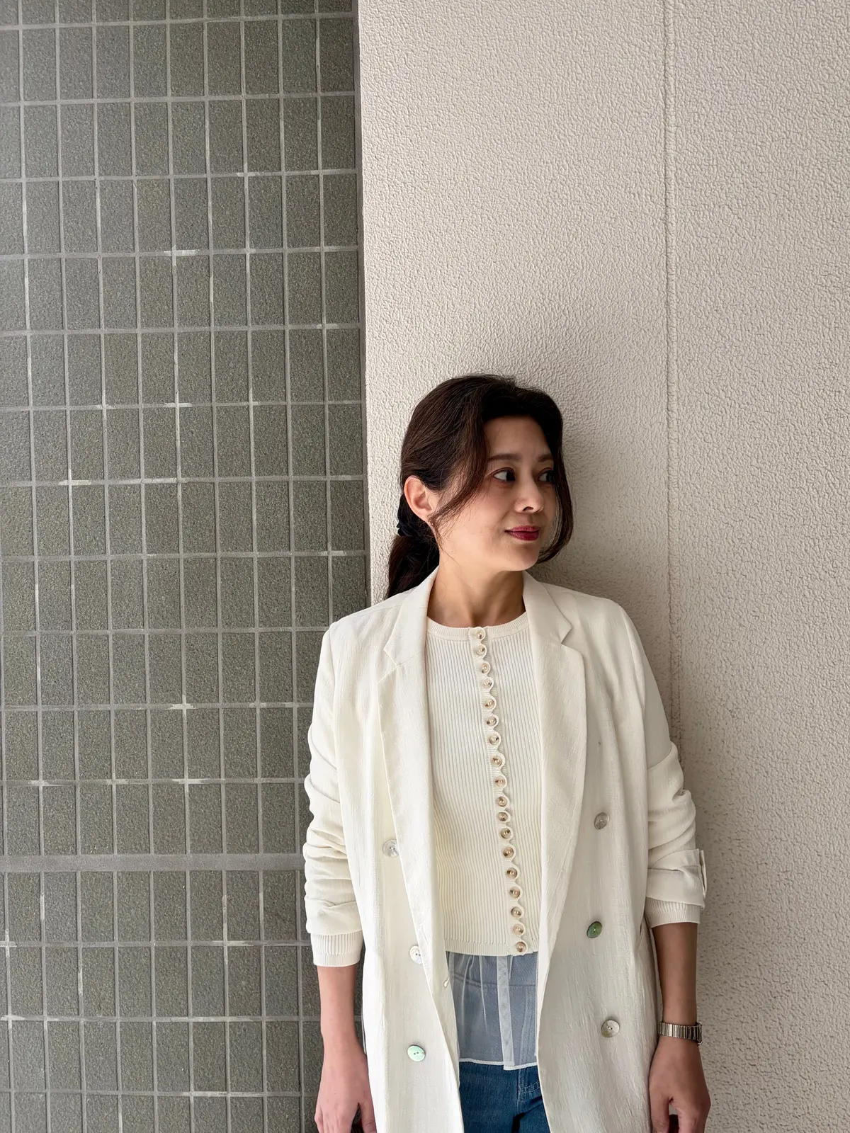 GUブラフィールペプラムキャミソール コーデ 50代ファッション 春コーデ ジャケットコーデ きれいめカジュアル