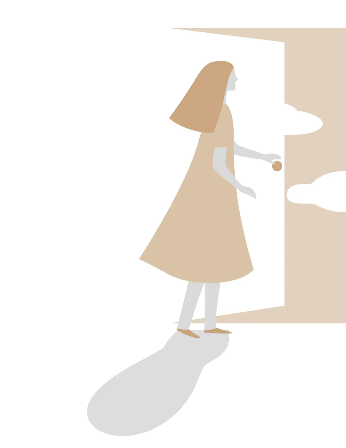 ベージュのワンピースを着た女性が描かれたイラスト。窓からの光と影が表現されている。