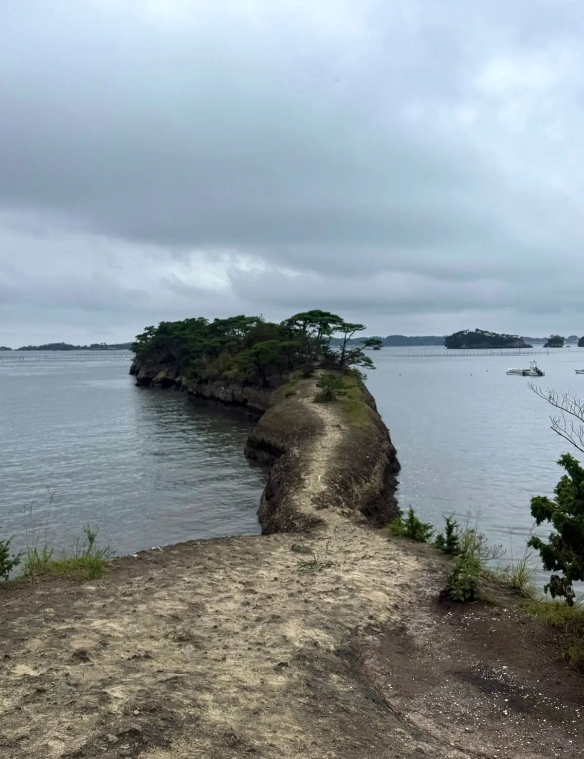 水辺に突き出た岩の突堤があり、その上に細い道が続いています。岩の上には緑の木々が生い茂り、遠景には島々が見えます。空は曇り、全体的に静かな情景です。