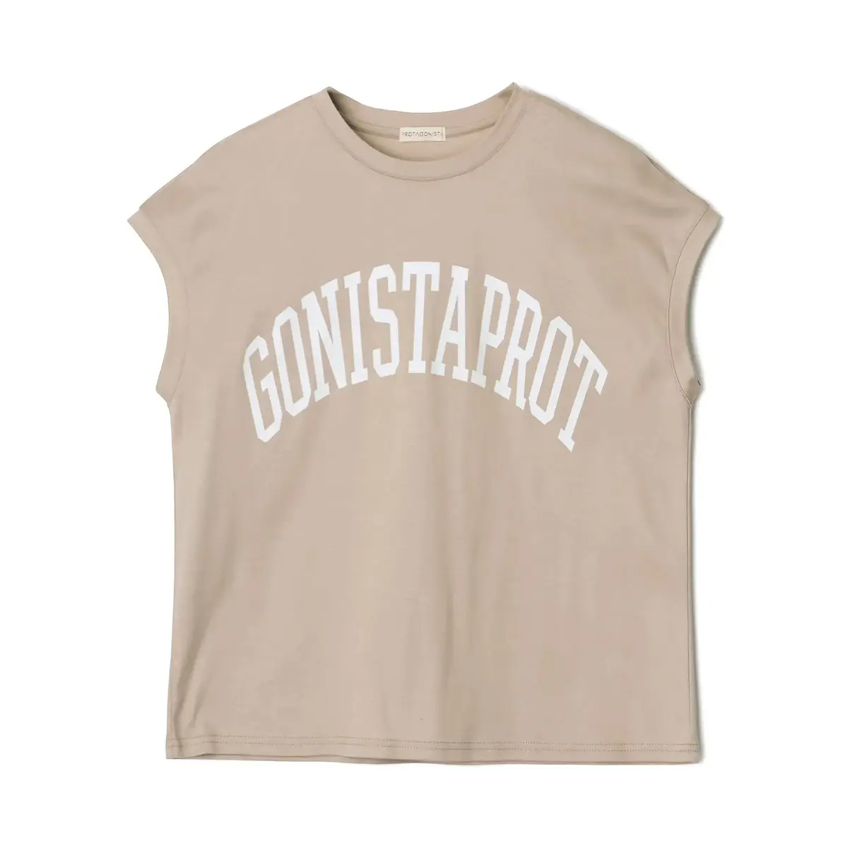 ベージュのノースリーブTシャツで、中央に「GONISTAPROT」という白い文字が書かれている。