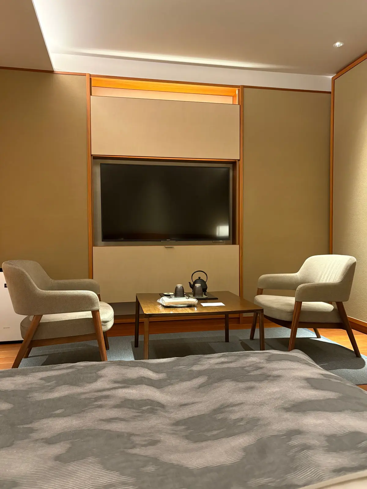 茶色の壁に設置されたテレビを中心に、木製のテーブルと2脚の椅子が配置された部屋。テーブルには茶器が置かれ、床にはグレーのラグが敷かれている。