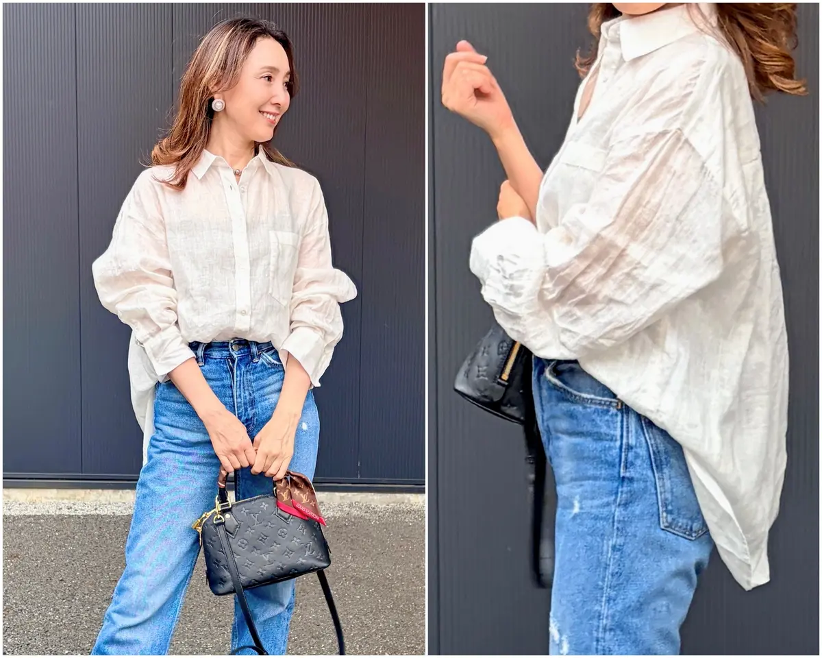 エクラ 華組　倉爪佐和さん　白シャツコーデ　50代