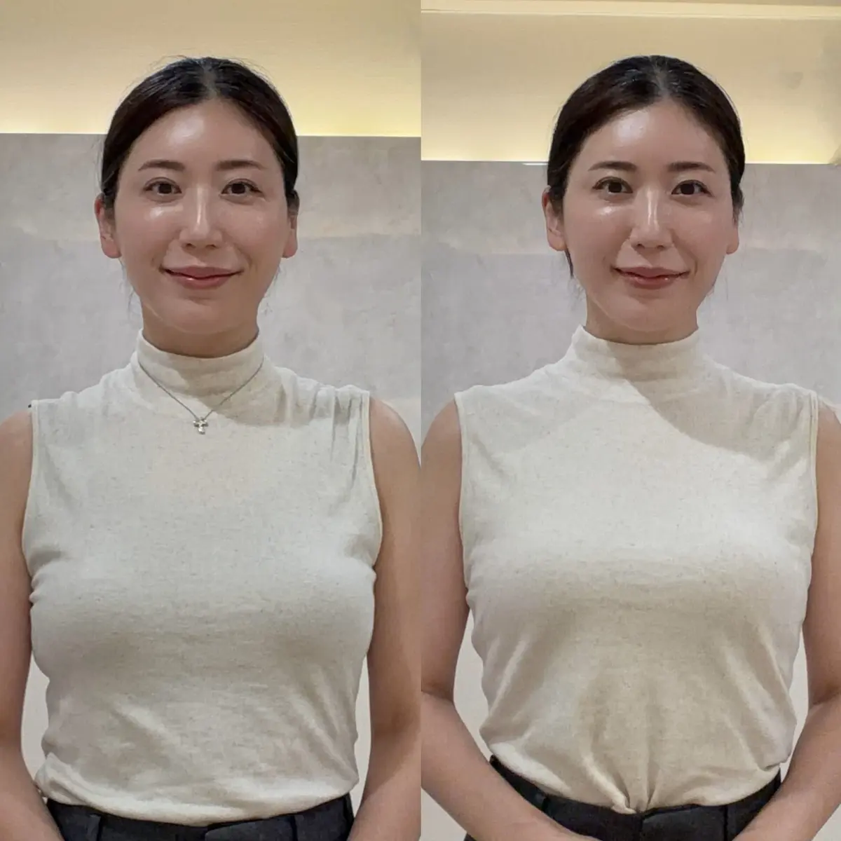 ベージュのトップスを着た女性が、明るい背景の前で正面を向いて微笑んでいる。黒髪を後ろでまとめ、シンプルなネックレスを着用。左右の画像でわずかに表情や照明が異なる。