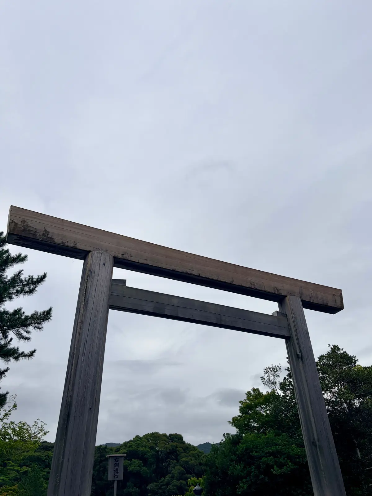 木製の鳥居が正面から見下ろしている写真。灰色の空の下、鳥居の左右に緑の木々が生い茂り、背景には遠くの山々が連なっている。鳥居には黒い文字で書かれた額縁がある。