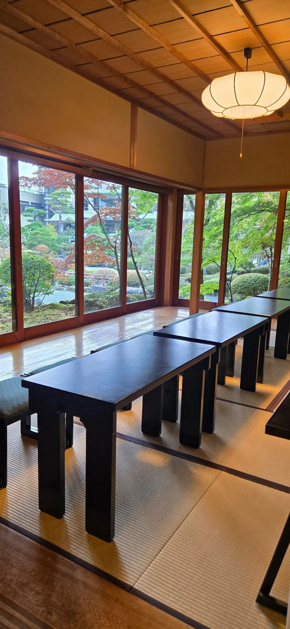 畳敷きの部屋に、黒い長方形のテーブルが並んでいる。大きな窓からは庭園が見え、紅葉した木々が美しい。天井には白い和風のペンダントライトが吊り下げられている。