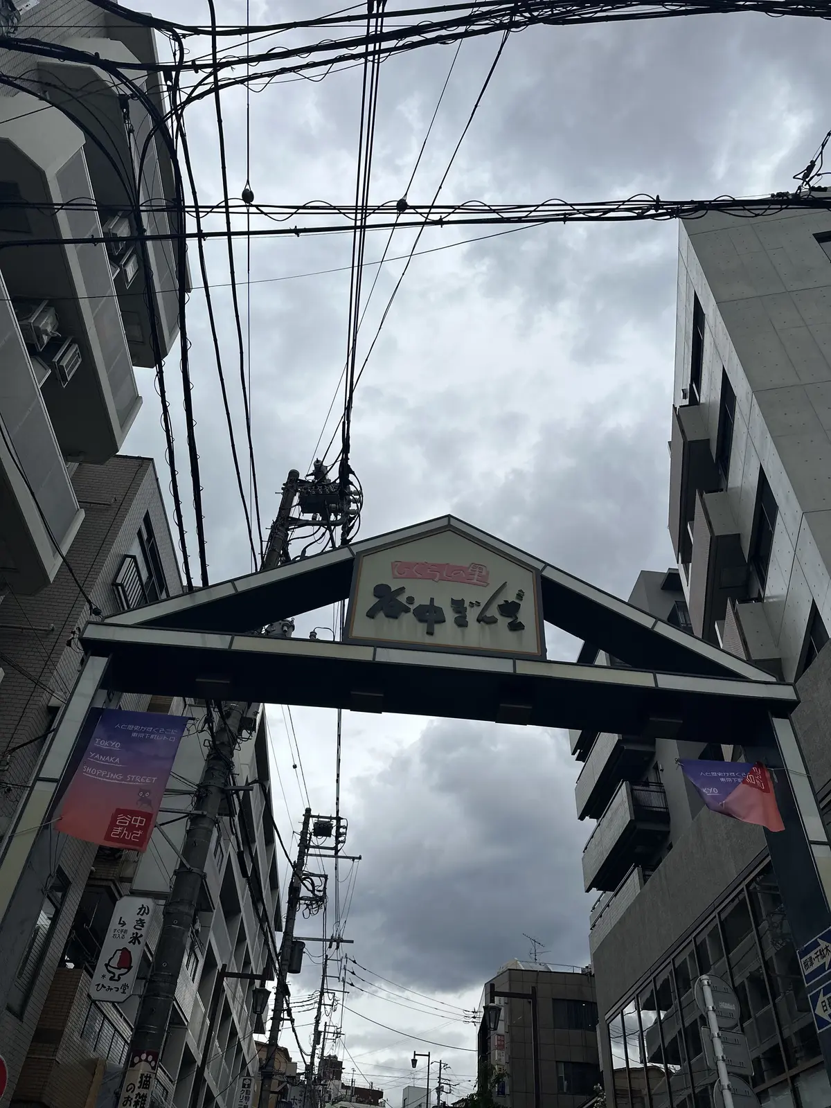 高層ビルが立ち並ぶ都市通りで、三角形の看板が「ナカノ」表記で目立つ。電線が密集し、両側に商店街の案内旗が設置されている。