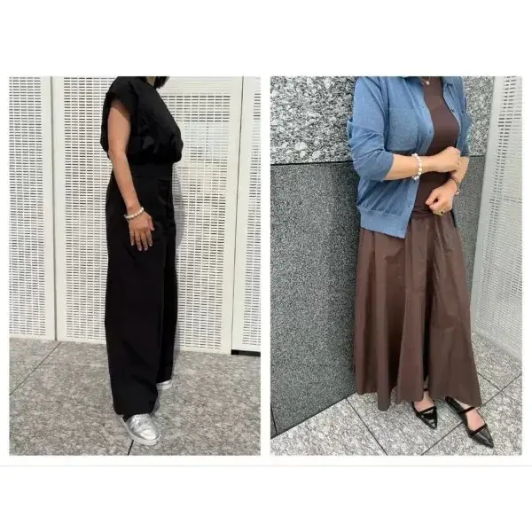 左：黒いトップスとワイドパンツを着用した女性。背景に白いパーテーション。右：茶色のスカートにブルーのカーディガン、茶色のタンクトップを着用した女性。背景にグレーの壁。
