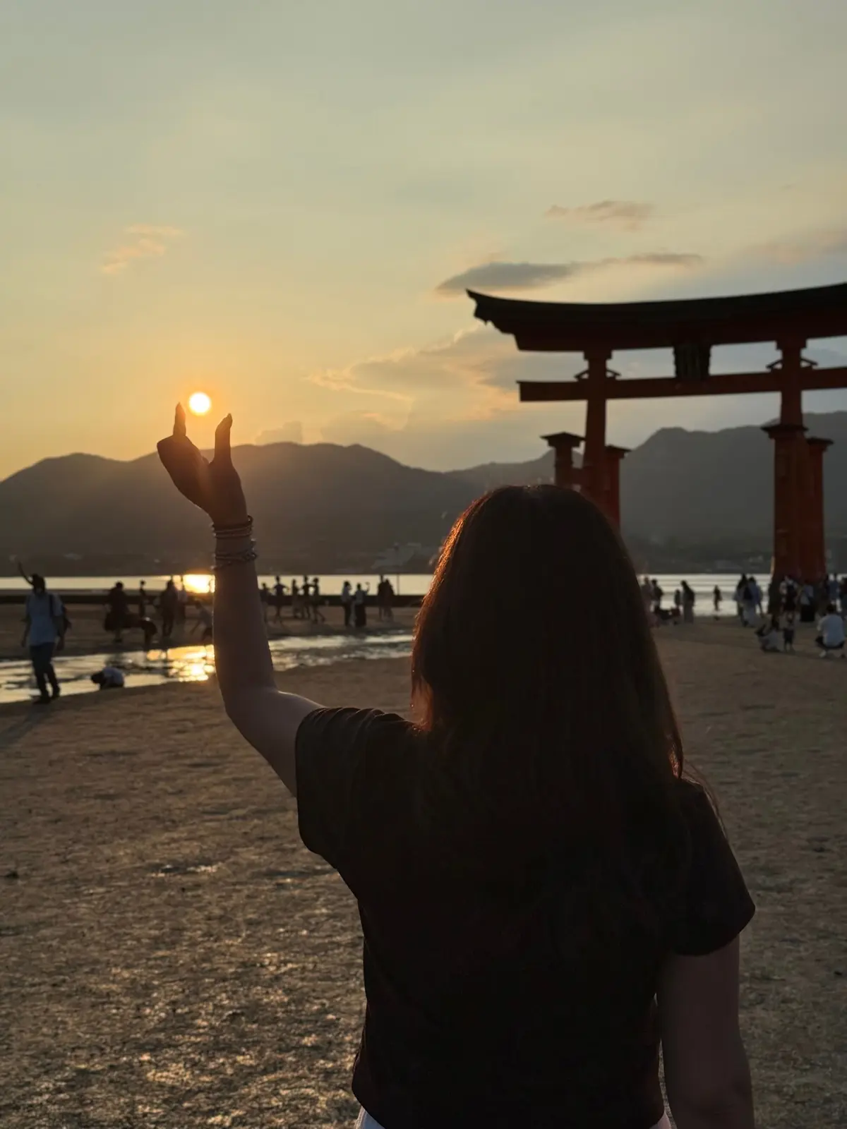 夕焼けの中、海辺で女性が日の入ろうとする太陽に手を伸ばしている。背景には、朱色の鳥居が建っている。