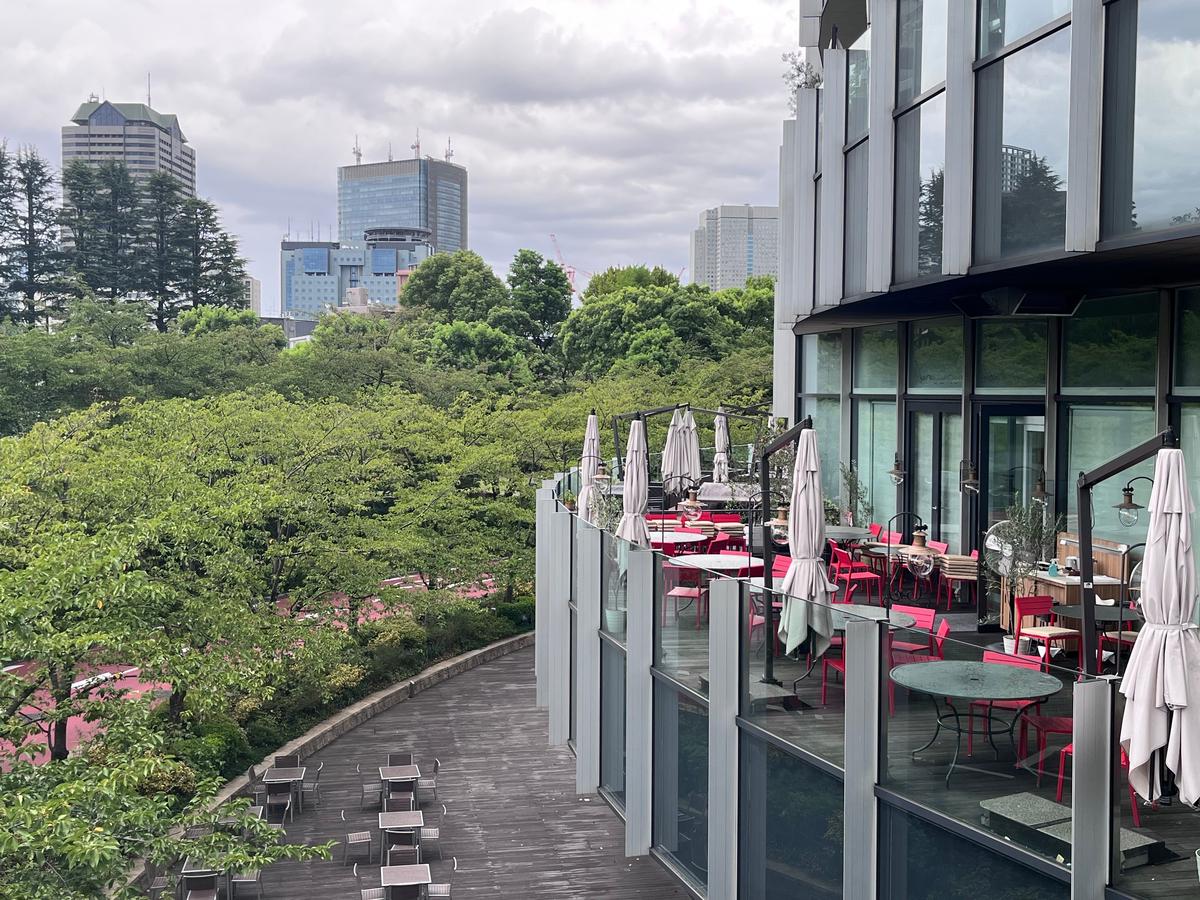 高層ビル群を望むテラス席のあるカフェ。赤い椅子とテーブルが並び、白いパラソルが設置されている。手すりの向こうには緑豊かな公園が広がり、曇り空が背景にある。