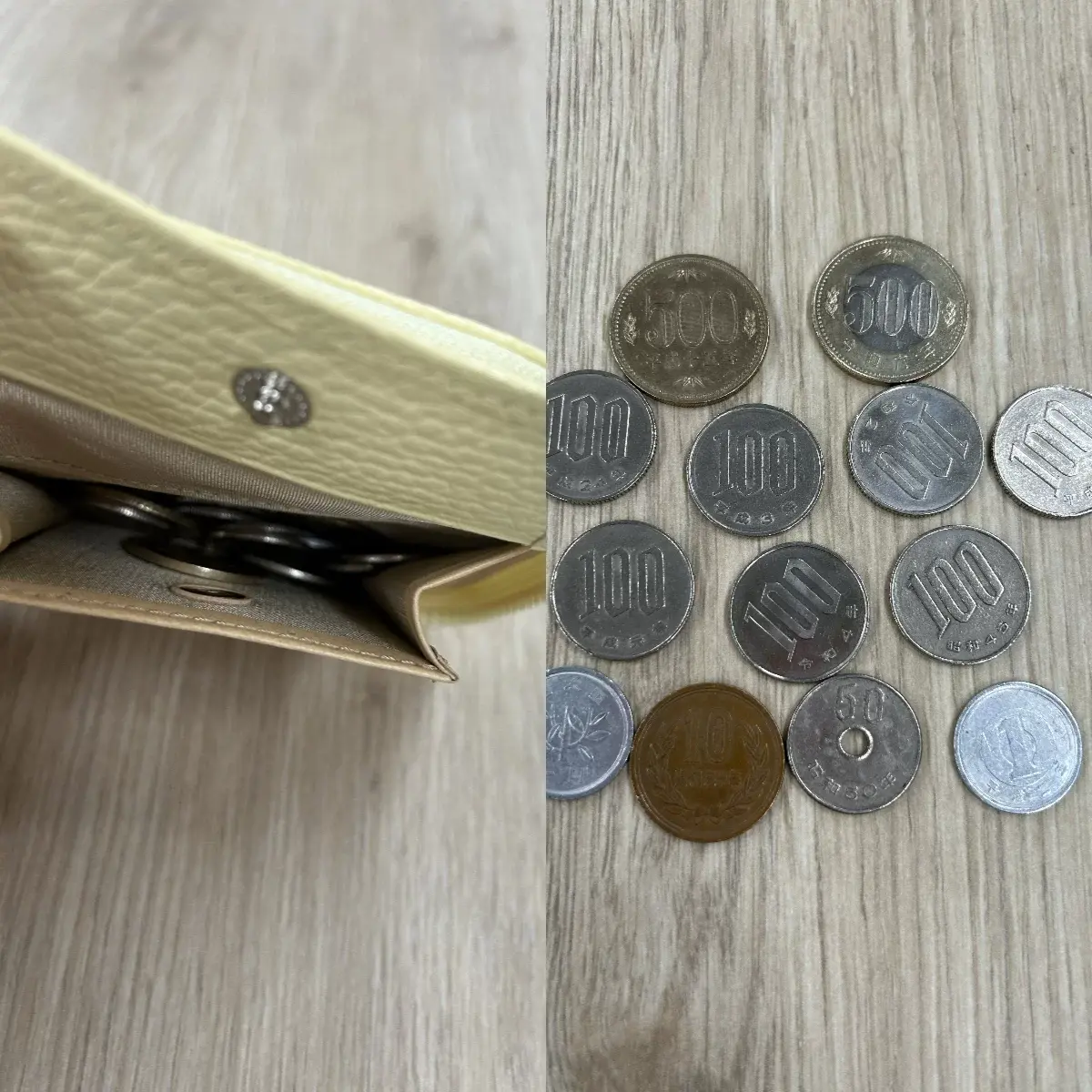 ベージュ色の革製の財布と、その中に入った日本の硬貨が写っている。500円玉、100円玉、10円玉、50円玉、1円玉が混在している。