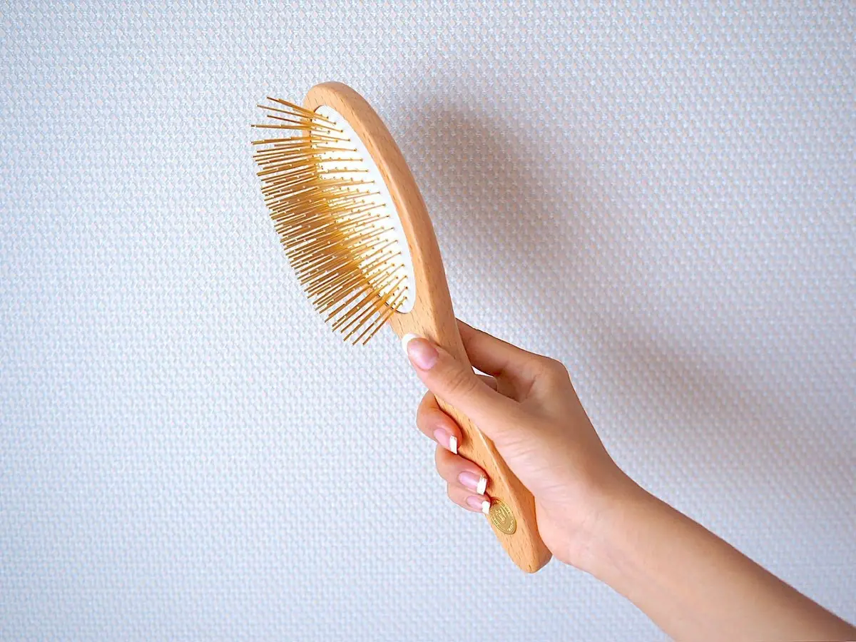 【スノーフォックス カッサ ヘアブラシ】。 150本の24Kゴールドメッキの細長いピンが、頭皮をくまなく刺激します。