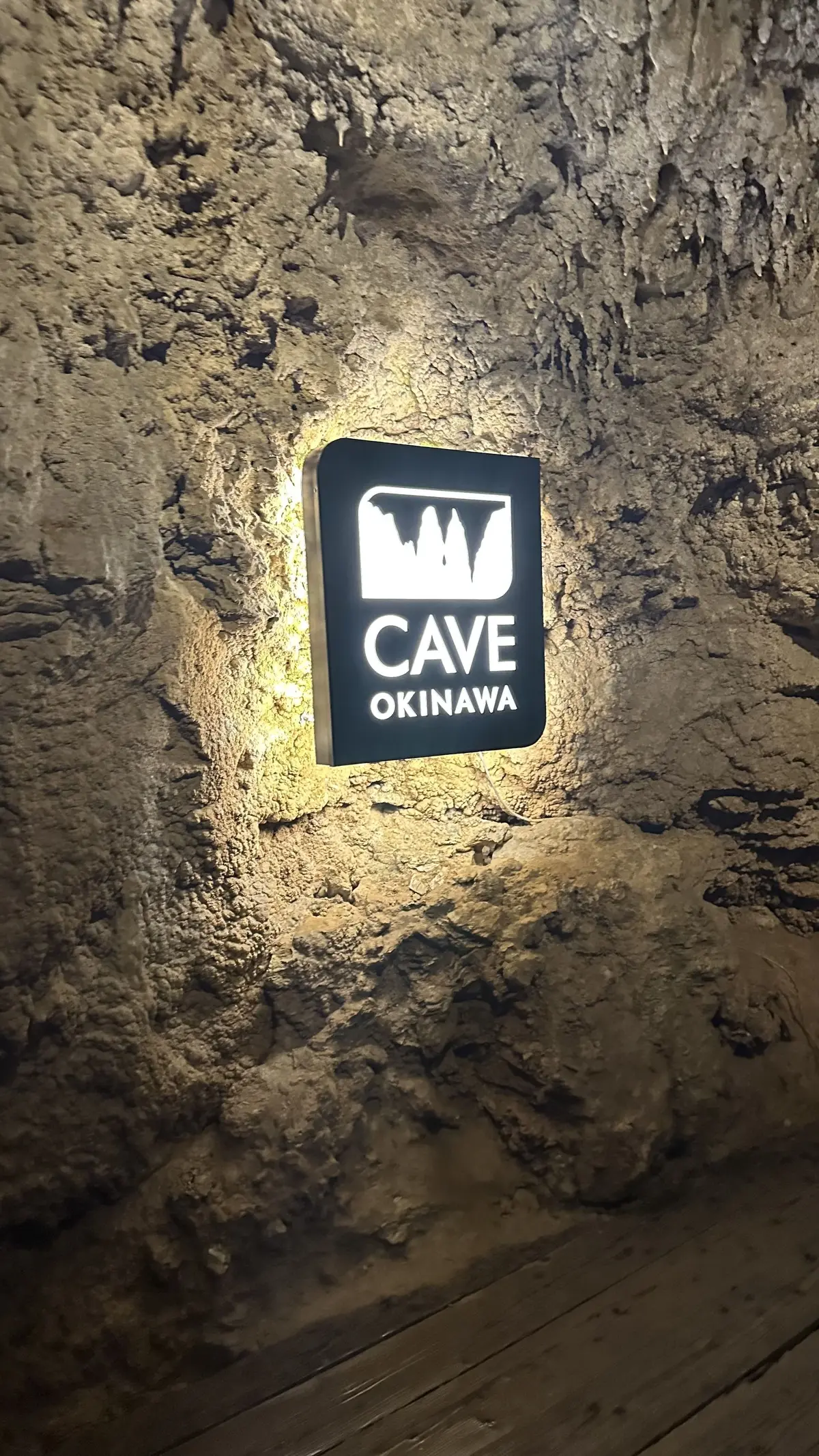 岩壁に設置された、光る黒い長方形の看板。「CAVE OKINAWA」と白文字で表記。看板の下には木製の床が見える。