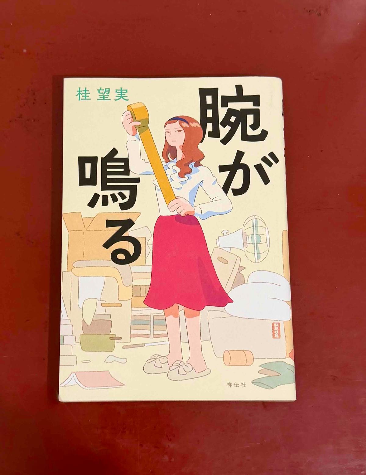赤いスカートを着た女性が、黄色いテープを手に持って、散らかった部屋の中で立ち、本「喧嘩がうるさい」の表紙を飾っている。