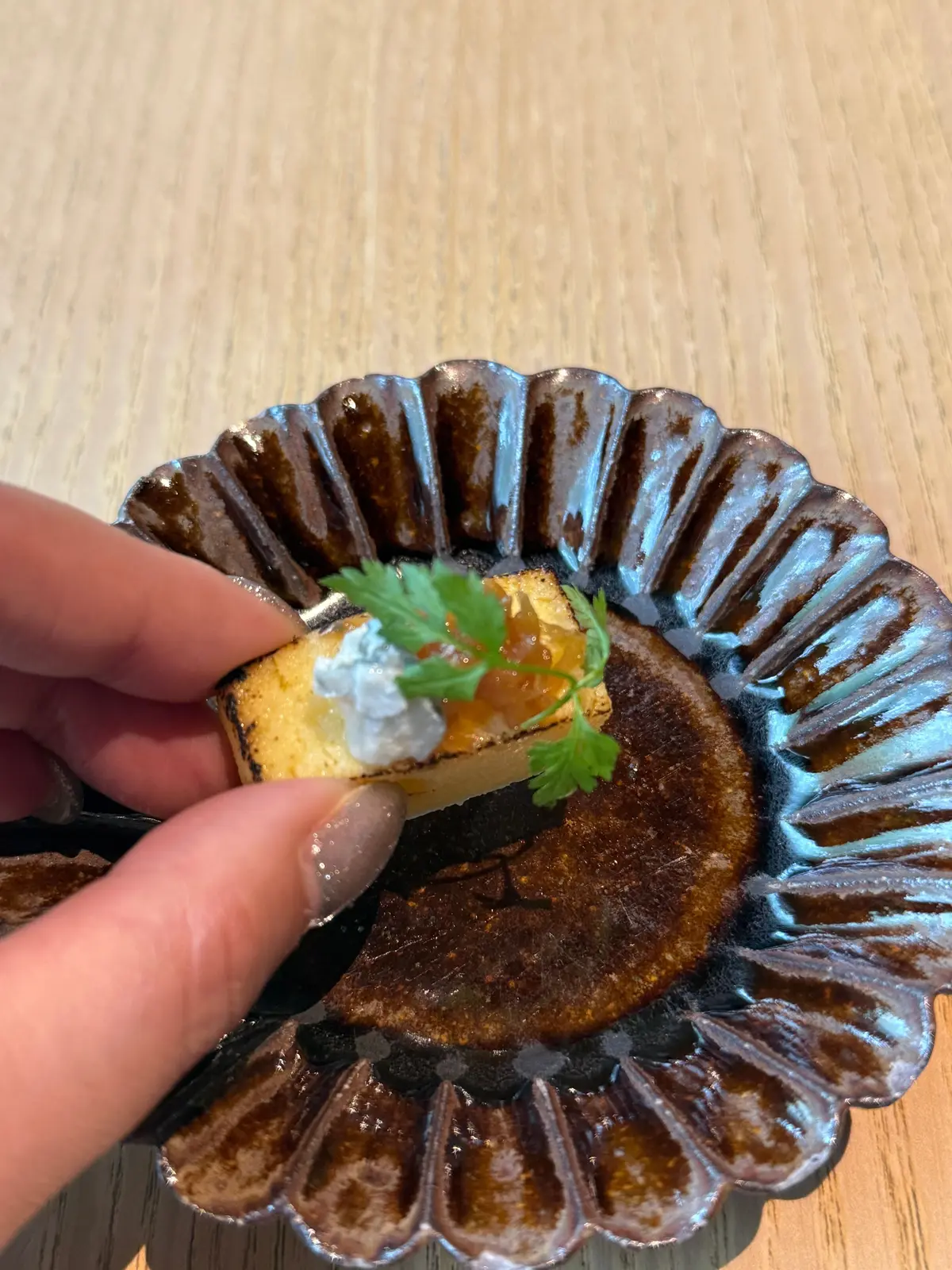 茶色の波型模様の陶器皿に、焼き豆腐が乗っている。豆腐の上には、クリーム状のソースと緑のハーブが添えられている。指で豆腐を少し持ち上げている。