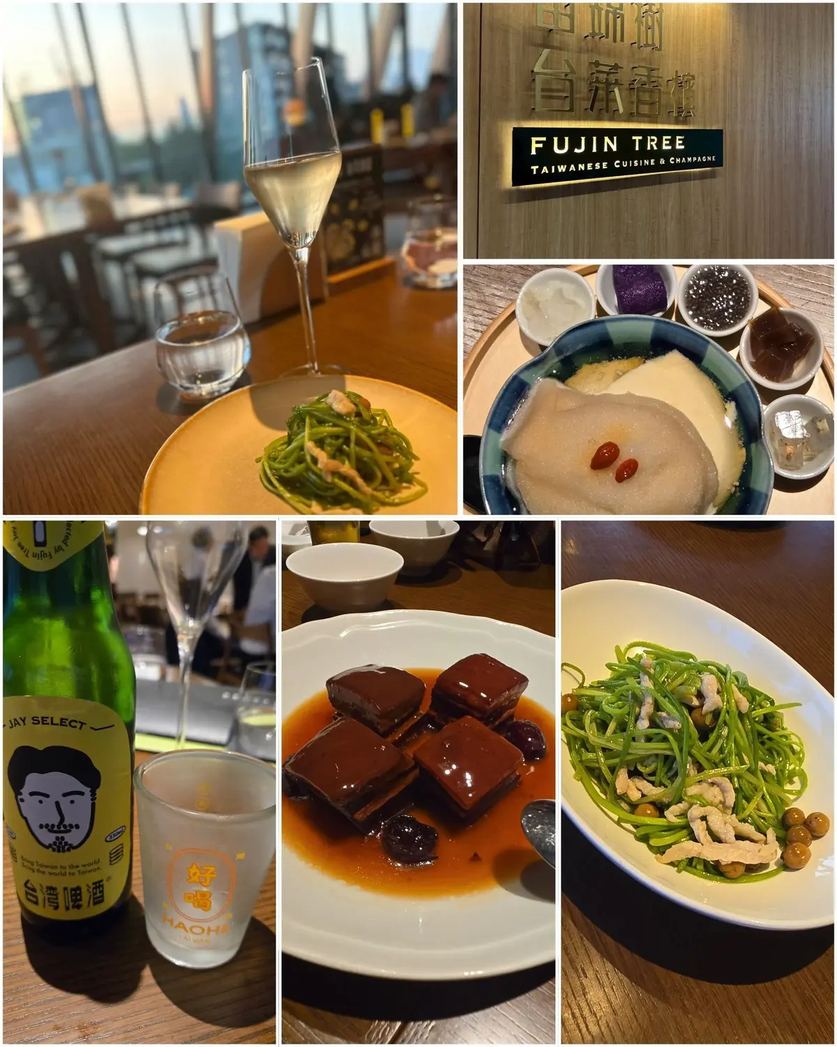台北のレストラン「フジンツリー」の料理とドリンク。左上には白ワインと緑の麺、右上には店名表示、右中央には白いデザートと小鉢、左下にはビールと緑の麺、中央下には赤いソースの焼き物、右下には鶏肉と豆の入った緑の麺。