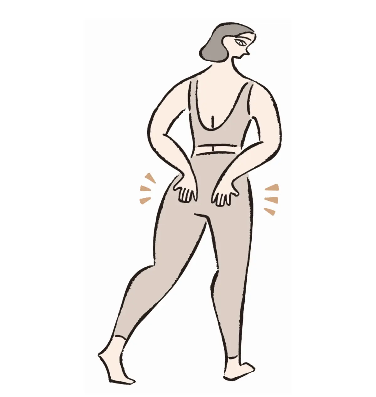 動きのある女性のイラスト。茶色のトップスとパンツを着用し、片足を前に出した走るポーズ。灰色の髪をまとめ、正面を見つめている。