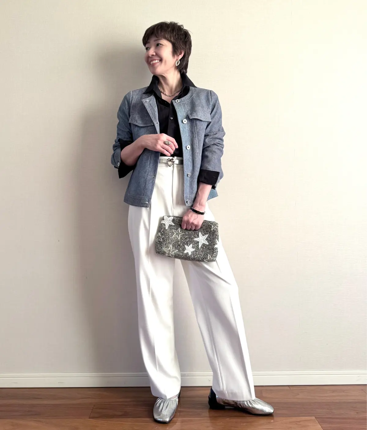 エクラ 華組　細谷奈弓さん　レザージャケット　デニム風　春コーデ　全身コーデ