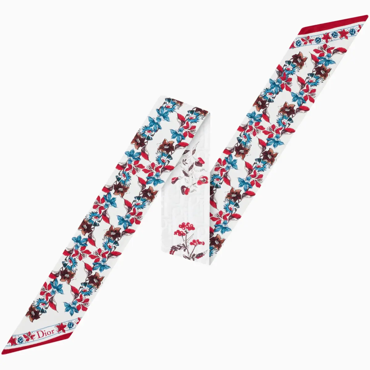 細長い形状のスカーフ。白地に青と赤、ブラウンの花柄が施されている「ミッツァ」