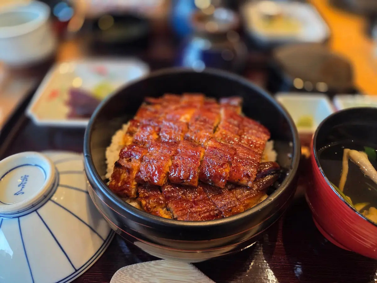 黒い漆器の丼に盛り付けられた、照り焼きの鰻とご飯。鰻は細長く切り分けられ、丼からはみ出すほど。縁には青い模様の茶碗と、緑色の汁物が添えられている。