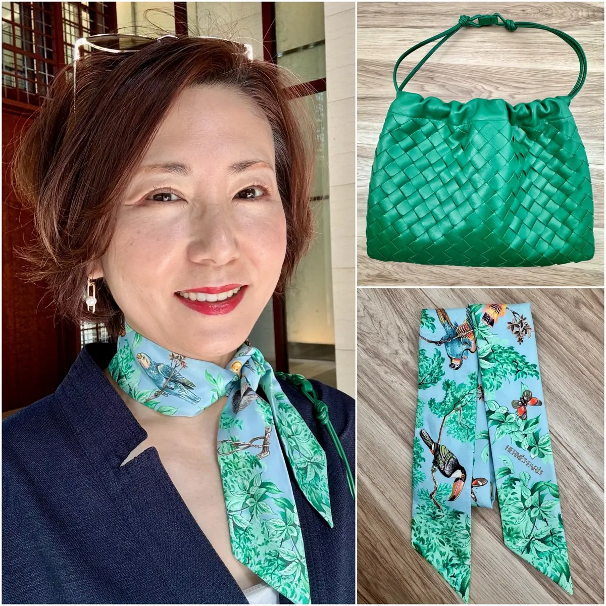 エクラ 華組　細谷さん　「ユニクロ」のUVカットカーディガン、大人はどう着る？　左：カーディガン／UNIQLO　シャツ／POLO RALPH LAUREN  パンツ／ZARA　ベルト／GU  バッグ／CHANEL  靴／銀座かねまつ 右：カーディガン／UNIQLO　Tシャツ／MADISONBLUE（ハピプラストアで購入） スカート／AKTE　ベルト／SOÉJU　バッグ／ZARA　靴／Repetto