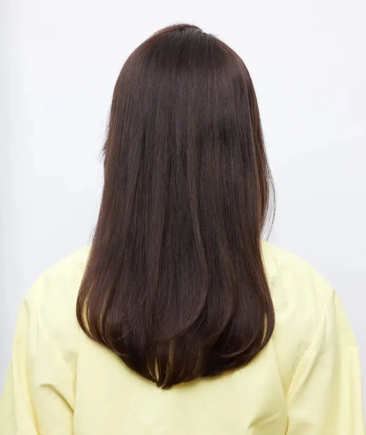 淡い黄色の上着を着た人の後ろ姿で、肩まで届くストレートの暗い茶色の髪が特徴です。
