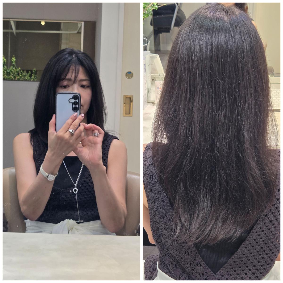 黒髪の女性が鏡で自撮りをしている写真。顔を前にして、スマートフォンで撮影している。後ろ髪は肩下で、ストレートにカットされている。白いトップスにシルバーのアクセサリーを身につけている。右側の写真は後ろ姿で、髪の長さと質感がわかる。