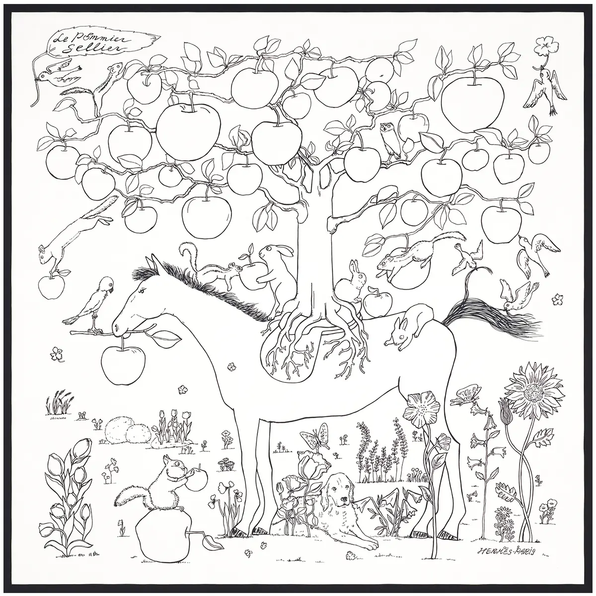 「カレ 90〈ル・ポミエ・セリエ〉」90×90㎝、 シルクツイル100％。